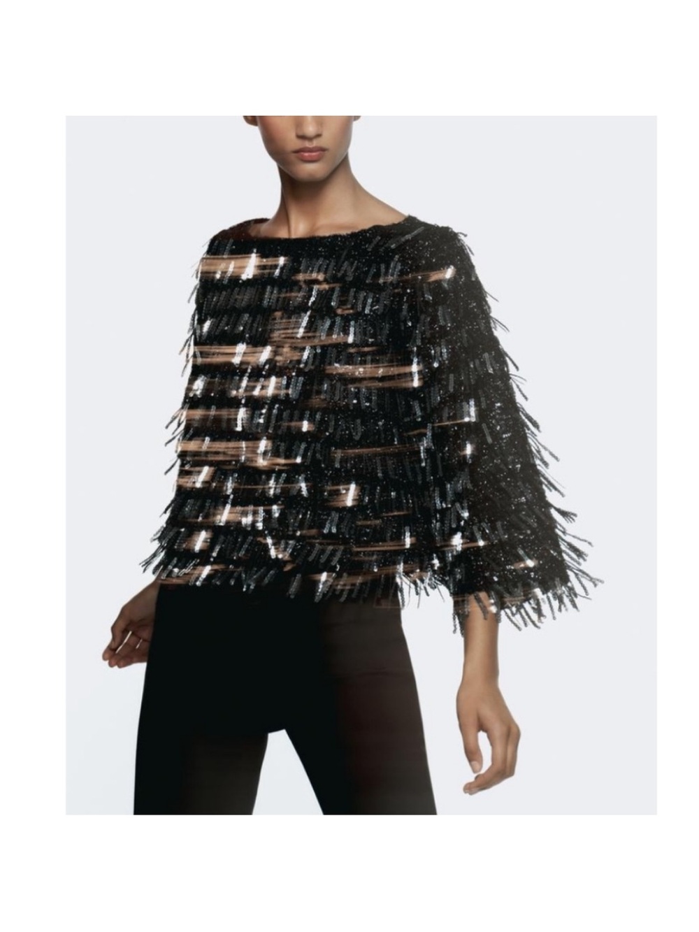Zara Black Sequin Fringe Long Sleeve Top